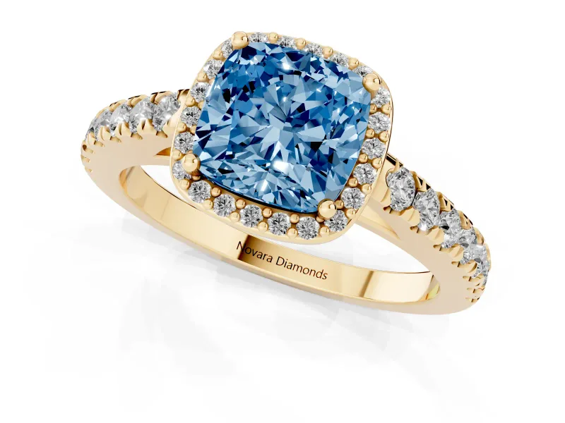 Cushion Cut Halo Pavé Engagement Ring Setting for a Fancy Blue Lab-Grown Diamond | Yellow Gold