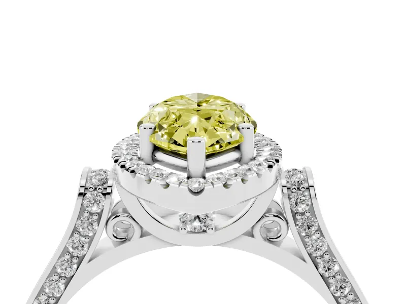 Fancy Yellow Marquise Cut Diamond Halo Ring Set in White gold with Pavé-Lined Split Shank Band