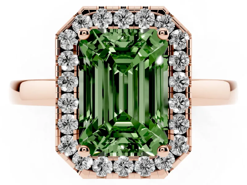 Emerald Cut Thin Halo Engagement Ring Setting for a Fancy Green Lab-Grown Diamond | Plain Polished Band | Rose Gold
