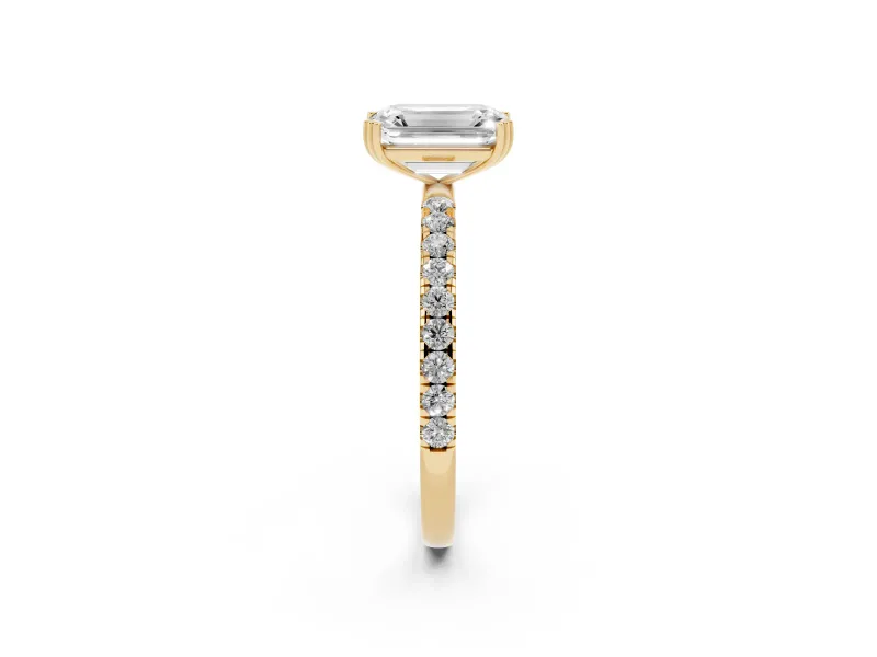 Emerald Cut Diamond Brilliant Solitaire Set in Yellow gold with Pavé Band and Claw Prong Setting