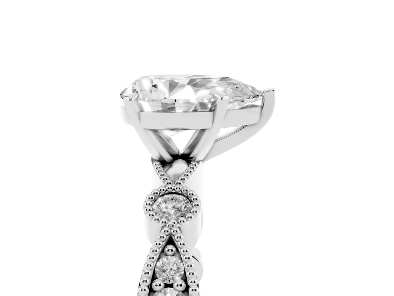 Pear Cut Diamond Solitaire Engagement Ring Set in White gold with Milgrain Bezel Accent Band