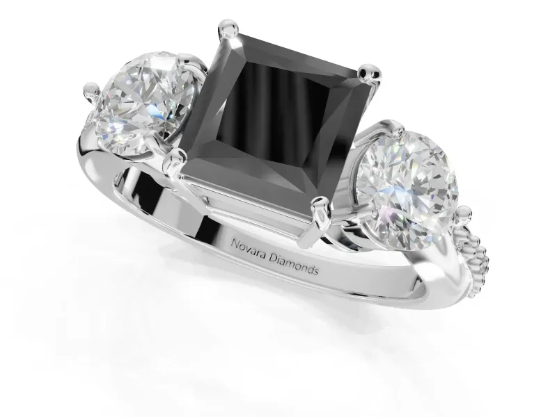 Fancy Black Princess Cut Lab-Grown Diamond Three-Stone Ring Set in Sterling Silver with Channel-Set Band and Prong Setting
