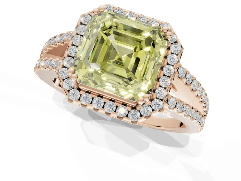 Asscher Cut Halo Split Shank Engagement Ring Setting for a Fancy Yellow Lab-Grown Diamond | Pavé Shoulders | Rose Gold