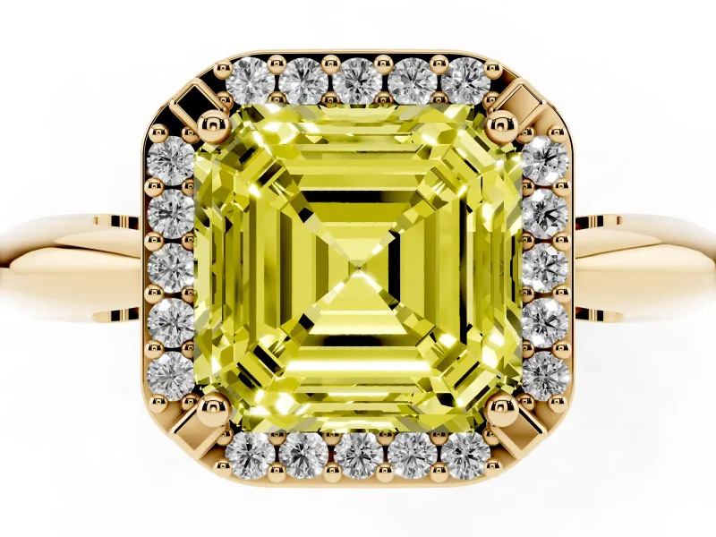 Fancy Yellow Asscher Cut Diamond Halo Engagement Ring Set in Yellow gold with Plain Split Shank and Prong Setting