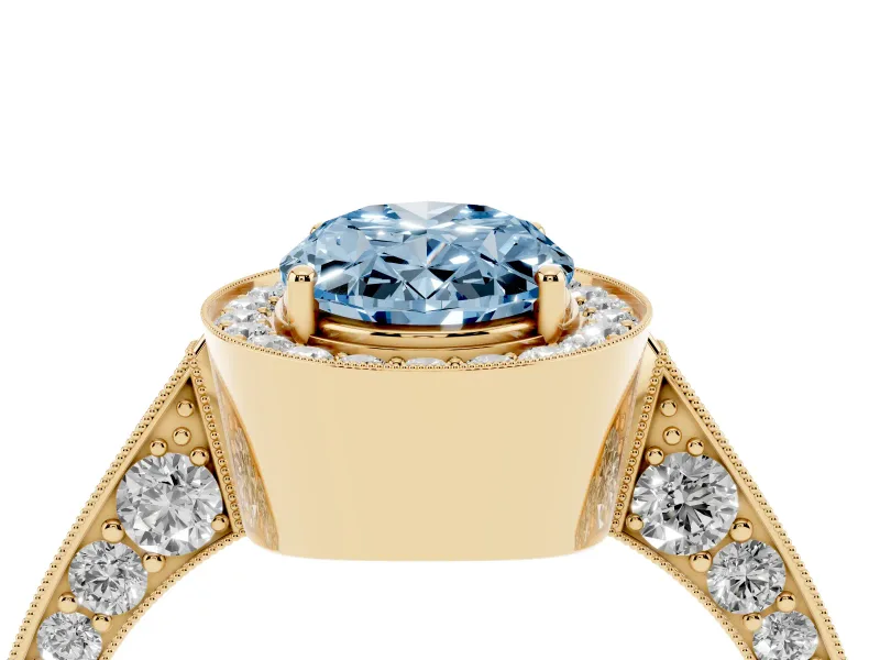 Oval Milgrain Halo Engagement Ring Setting for a Fancy Blue Lab-Grown Diamond | Side Stones | Yellow Gold
