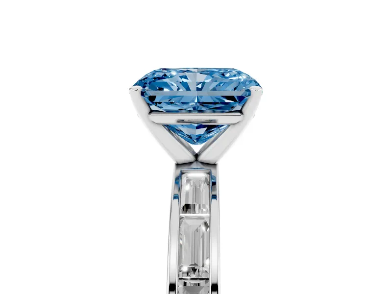 Fancy Blue Radiant Cut Diamond Solitaire Ring Set in Platinum with Channel-Set Baguette Band and Prong Setting