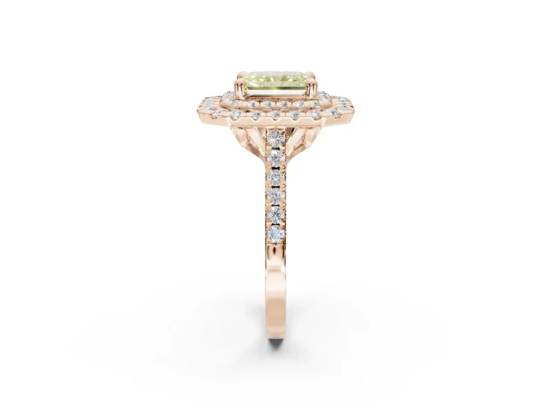 Canary Yellow Radiant Cut Lab-Grown Diamond Double Halo Statement Ring Set in Rose Gold with Pavé Band