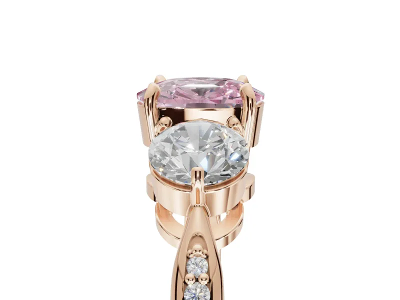 Cushion Cut Three Stone Engagement Ring Setting for a Fancy Pink Lab-Grown Diamond | Tapered Pave Band | Rose Gold