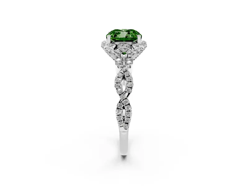 Fancy Green Cushion Cut Diamond Halo Twist Band Solitaire Ring Set in Silver with Prong-Set Center Stone