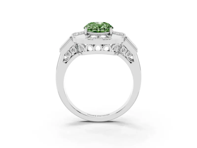 Fancy Green Oval Cut Diamond Milgrain Halo Ring Set in White gold with Split Shank