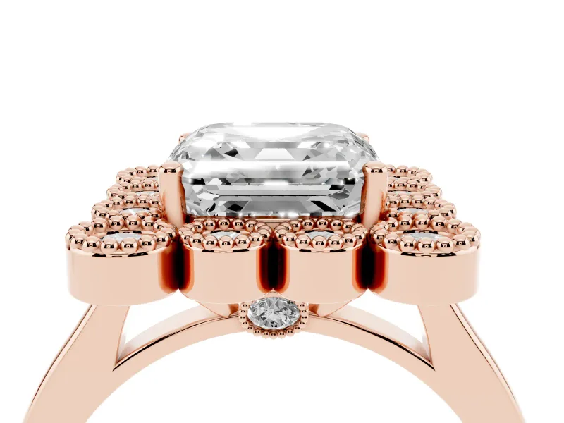 Asscher Cut Vintage Milgrain Bezel Cluster Halo Engagement Ring Setting | Plain Band | Rose Gold