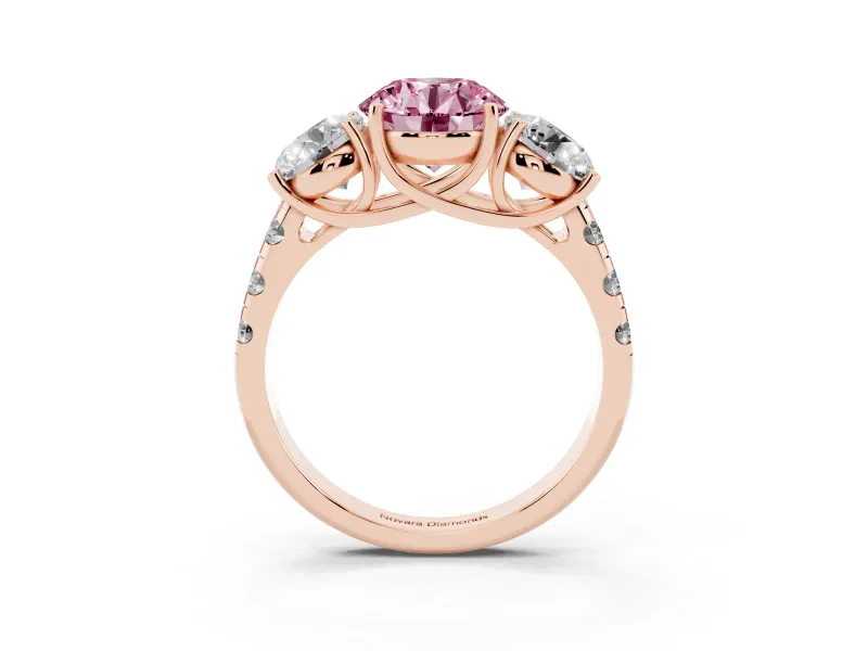Round Three Stone Engagement Ring Setting for a Fancy Pink Lab-Grown Diamond | Accented Shoulders | Rose Gold