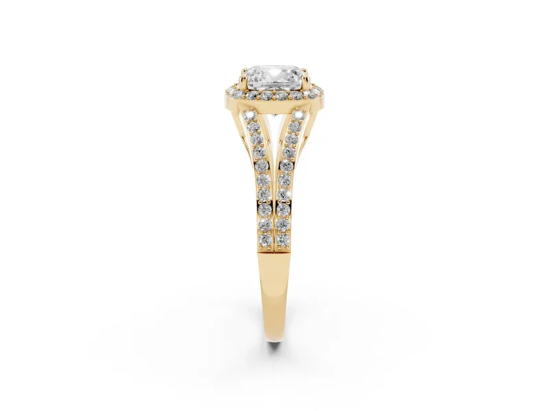 Cushion Cut Halo Engagement Ring Setting | V-Split Pavé Band | Yellow Gold