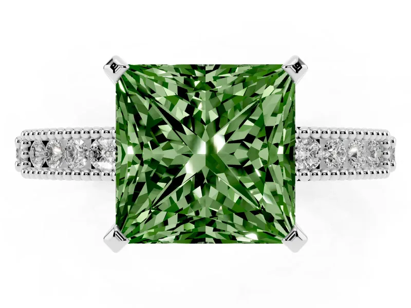 Fancy Green Princess Cut Diamond Solitaire Ring Set in Platinum with Slim Pavé Band and Prong Setting