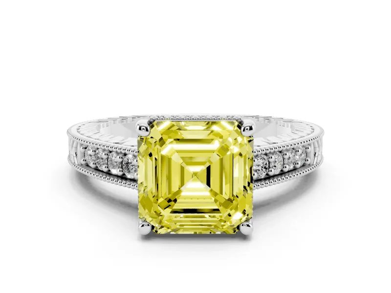 Fancy Yellow Asscher Cut Diamond Solitaire Pavé Milgrain Engagement Ring Set in Platinum with Prong Setting