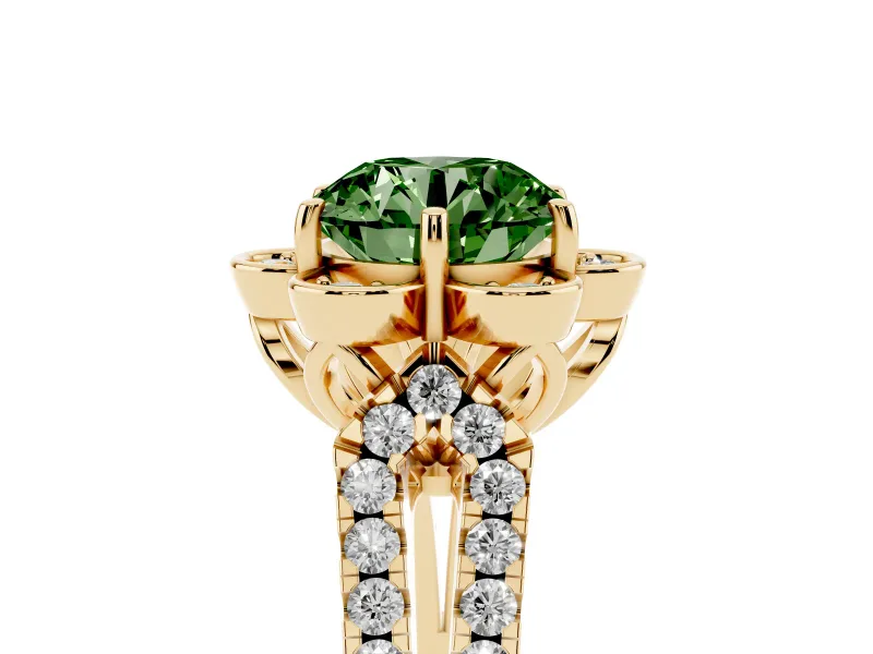 Round Floral Halo Engagement Ring Setting for a Fancy Green Lab-Grown Diamond | Pavé Split Shank | Yellow Gold