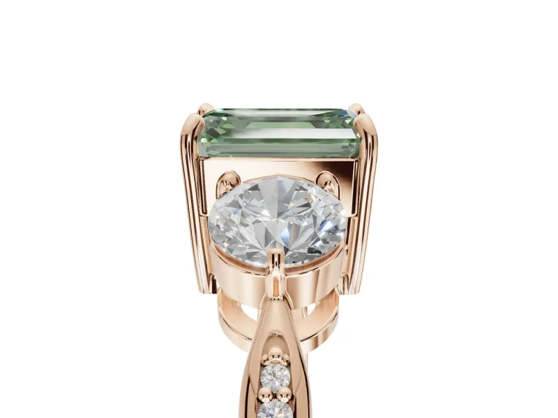 Emerald Cut Three Stone Engagement Ring Setting for a Fancy Green Lab-Grown Diamond | Tapered Pave Band | Rose Gold