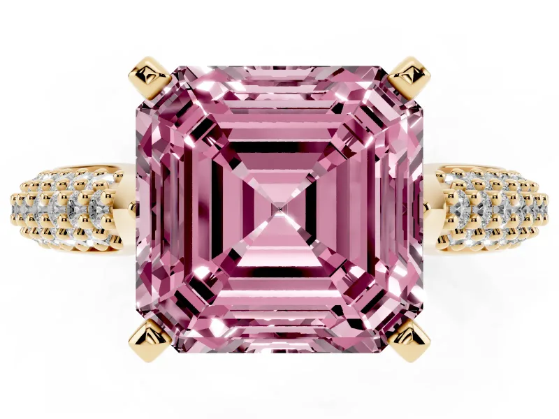 Asscher Cut Pavé Engagement Ring Setting for a Fancy Pink Lab-Grown Diamond | Multi-Row Shoulders | Yellow Gold