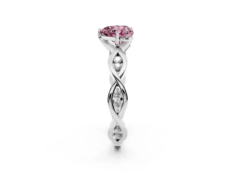 Fancy Pink Heart Cut Diamond Twist Band Solitaire Ring Set in Silver with Leaf Prong Setting and Accent Stones
