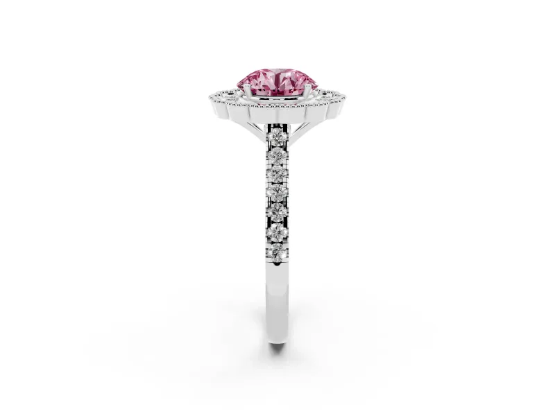 Fancy Pink Round Cut Diamond Milgrain Floral Halo Engagement Ring Set in White gold with Pavé Band