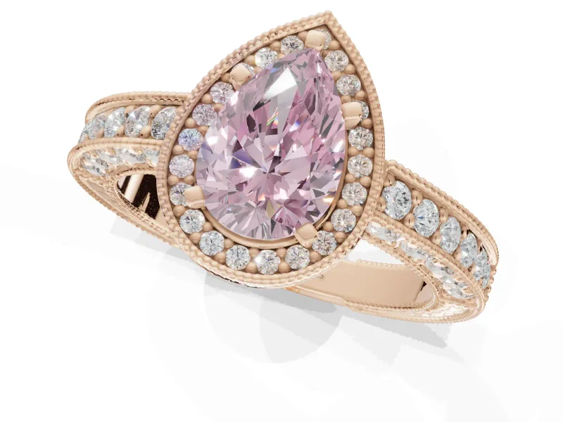 Pear-Shaped Milgrain Halo Engagement Ring Setting for a Fancy Pink Lab-Grown Diamond | Wide Pavé Band | Rose Gold