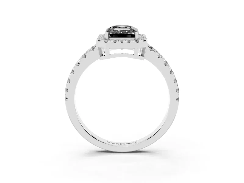 Fancy Black Emerald Cut Diamond Halo Ring Set in Platinum with Delicate Pavé Band and Prong Setting