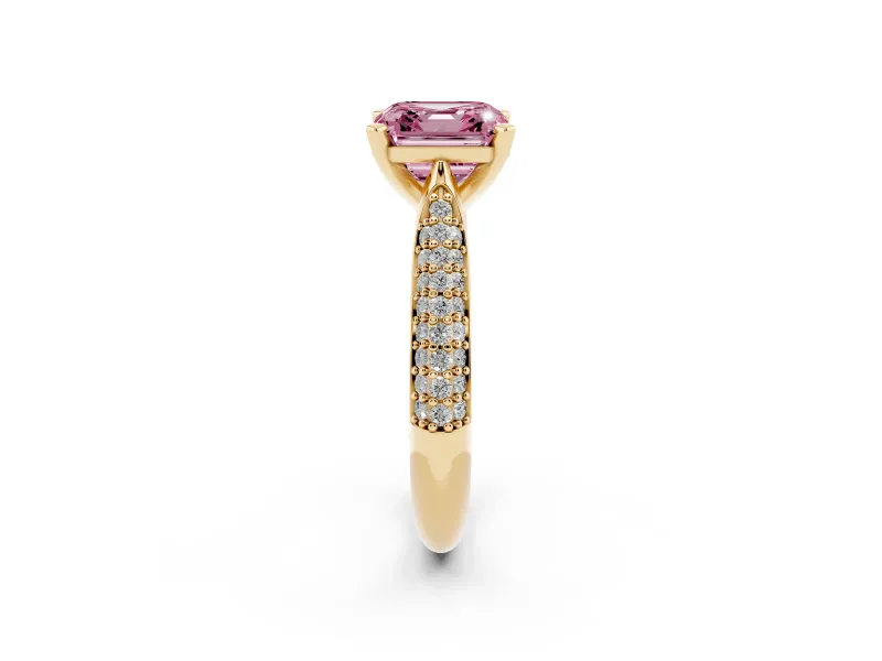 Fancy Pink Asscher Cut Diamond Solitaire Engagement Ring Set in Yellow gold with Multi-Row Round Pavé Band and Prong Setting