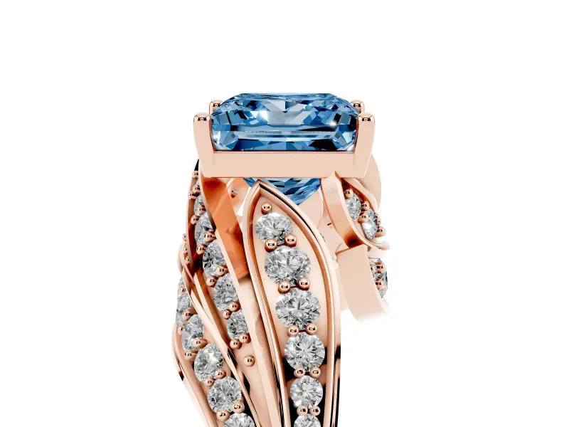 Fancy Blue Princess Cut Diamond Solitaire Ring Set in Rose gold with Layered Twist Pavé Band