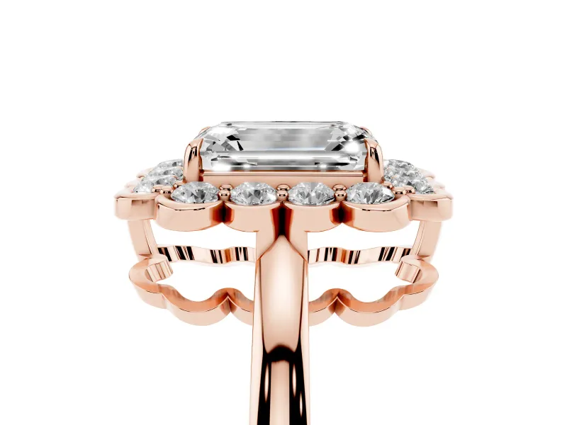 Emerald Cut Scalloped Cluster Halo Engagement Ring Setting | Plain Band | Rose Gold