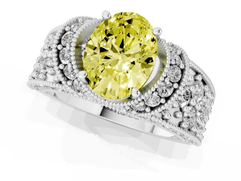 Oval Vintage Milgrain Pave Engagement Ring Setting for a Fancy Yellow Lab-Grown Diamond | Crescent Side Rows | Platinum