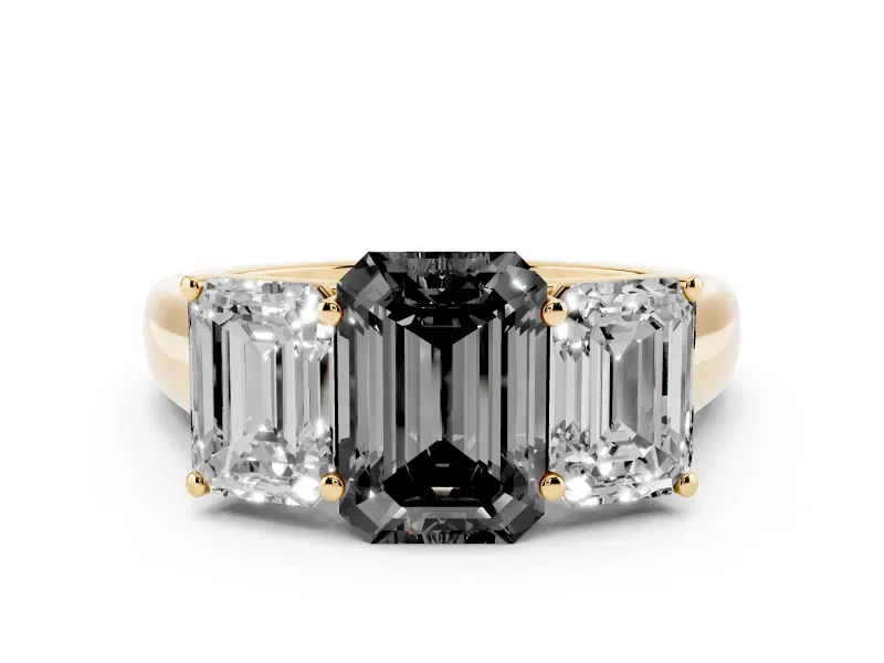 Fancy Black Emerald Cut Diamond Three-Stone Ring Set in Yellow gold with Plain Polished Band