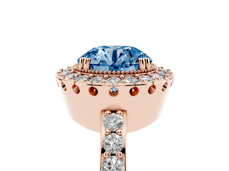 Round Vintage Milgrain Halo Engagement Ring Setting for a Fancy Blue Lab-Grown Diamond | Pierced Gallery | Rose Gold