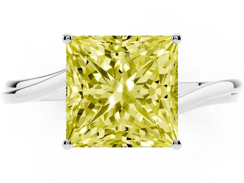 Fancy Yellow Princess Cut Diamond Solitaire Twist Band Ring Set in White gold with Prong Setting