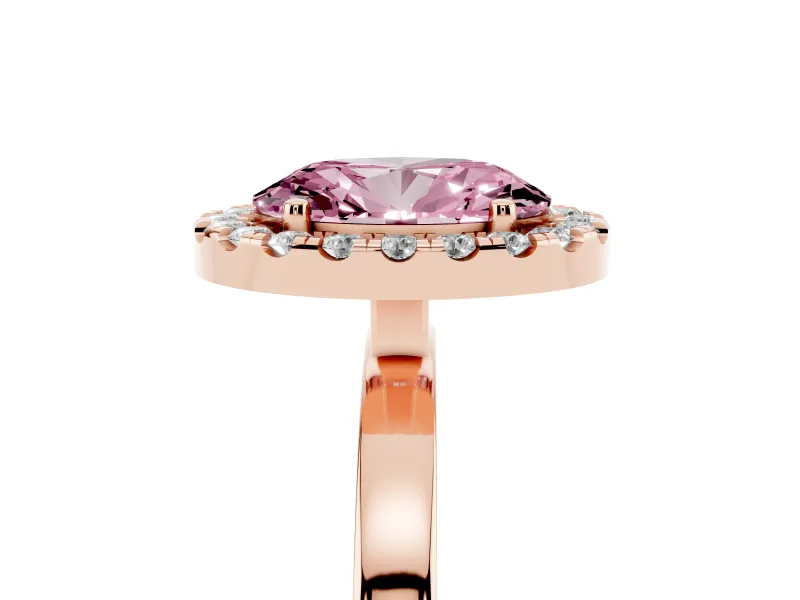 Fancy Pink Oval Cut Diamond Halo Solitaire Ring Set in Rose gold with Pavé Band and Prong Setting