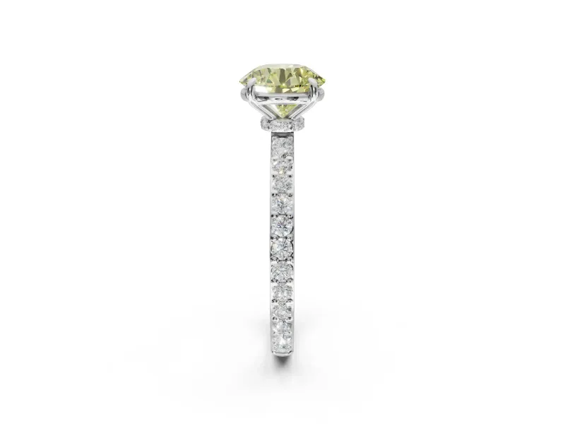 Round Hidden Halo Engagement Ring Setting for a Fancy Yellow Lab-Grown Diamond | Pavé Band | Platinum