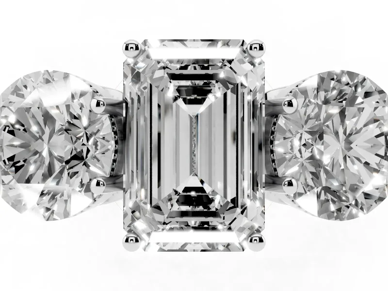 Emerald Cut Diamond Three-Stone Engagement Ring Set in White gold with Polished Band