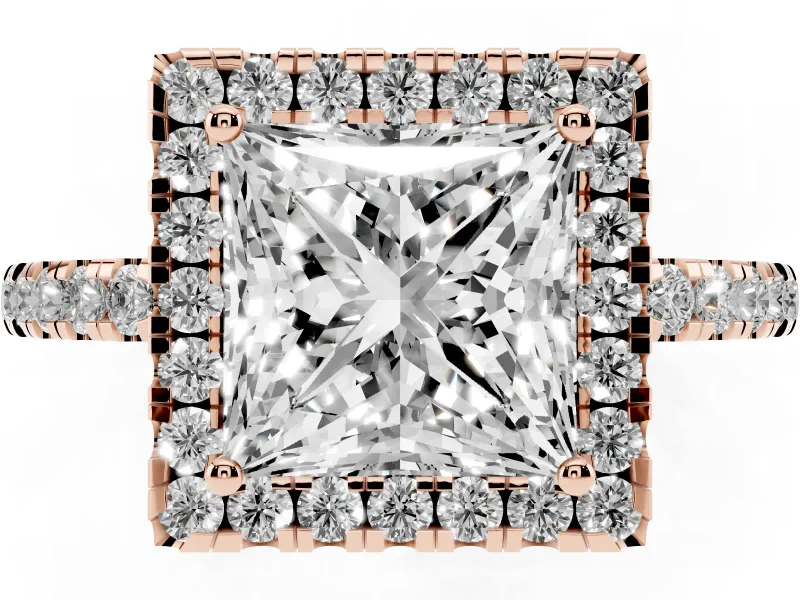 Princess Cut Diamond Pavé Band Halo Engagement Ring Set in Rose gold with Prong Setting