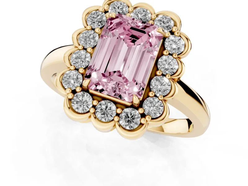 Emerald Cut Scalloped Cluster Halo Engagement Ring Setting for a Fancy Pink Lab-Grown Diamond | Plain Band | Yellow Gold