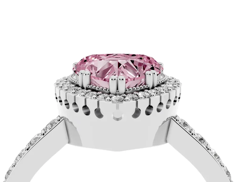 Fancy Pink Heart Cut Diamond Halo Engagement Ring Set in Silver with Milgrain Detail and Pavé Band
