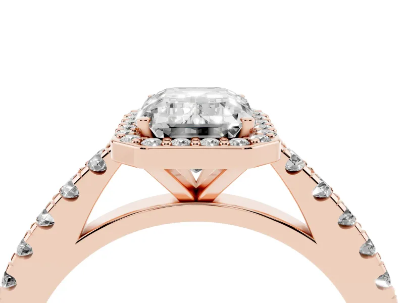 Emerald Cut Diamond Halo Engagement Ring Set in Rose gold with Pavé Band and Prong Setting