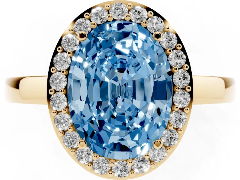 Fancy Blue Oval Cut Diamond Halo Ring Set in Yellow gold with Solitaire Band and Prong Setting