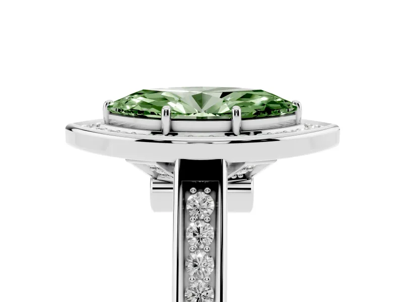 Fancy Green Marquise Cut Diamond Halo Solitaire Ring Set in Silver with Pavé Band and Bezel Setting