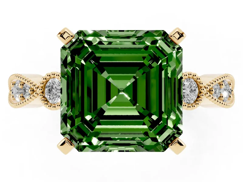 Fancy Green Asscher Cut Diamond Solitaire Engagement Ring Set in Yellow gold with Milgrain Bezel Accent Band