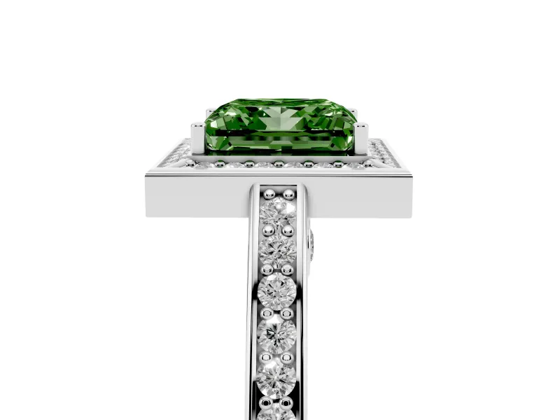 Fancy Green Princess Cut Diamond Halo Pavé Split Shank Ring Set in White gold with Prong Setting