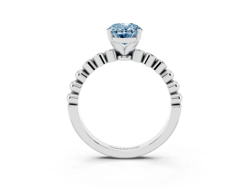 Fancy Blue Oval Cut Diamond Solitaire Engagement Ring Set in Platinum with Bezel Accents on Beaded Band