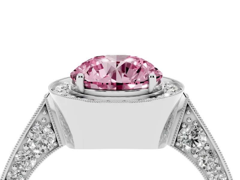 Round Vintage Milgrain Halo Engagement Ring Setting for a Fancy Pink Lab-Grown Diamond | Side Stones and Pave | Platinum