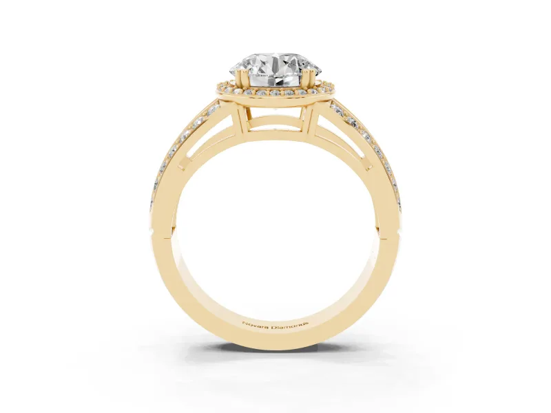 Round Halo Engagement Ring Setting | Two-Row Pave Split Shank | Yellow Gold