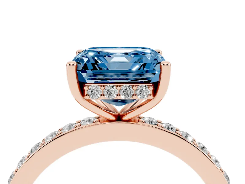 Fancy Blue Asscher Cut Diamond Pavé Band Ring Set in Rose gold with Prong-Set Center Stone