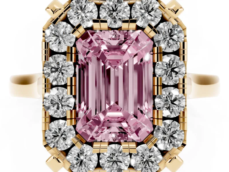 Emerald Cut Claw Corner Halo Engagement Ring Setting for a Fancy Pink Lab-Grown Diamond | Slim Plain Band | Yellow Gold