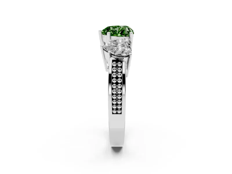 Heart-Shaped Three Stone Engagement Ring Setting for a Fancy Green Lab-Grown Diamond | Beaded Shoulders | Platinum